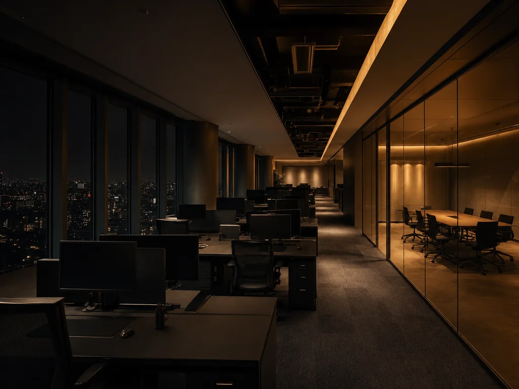 An empty corporate office floor at night