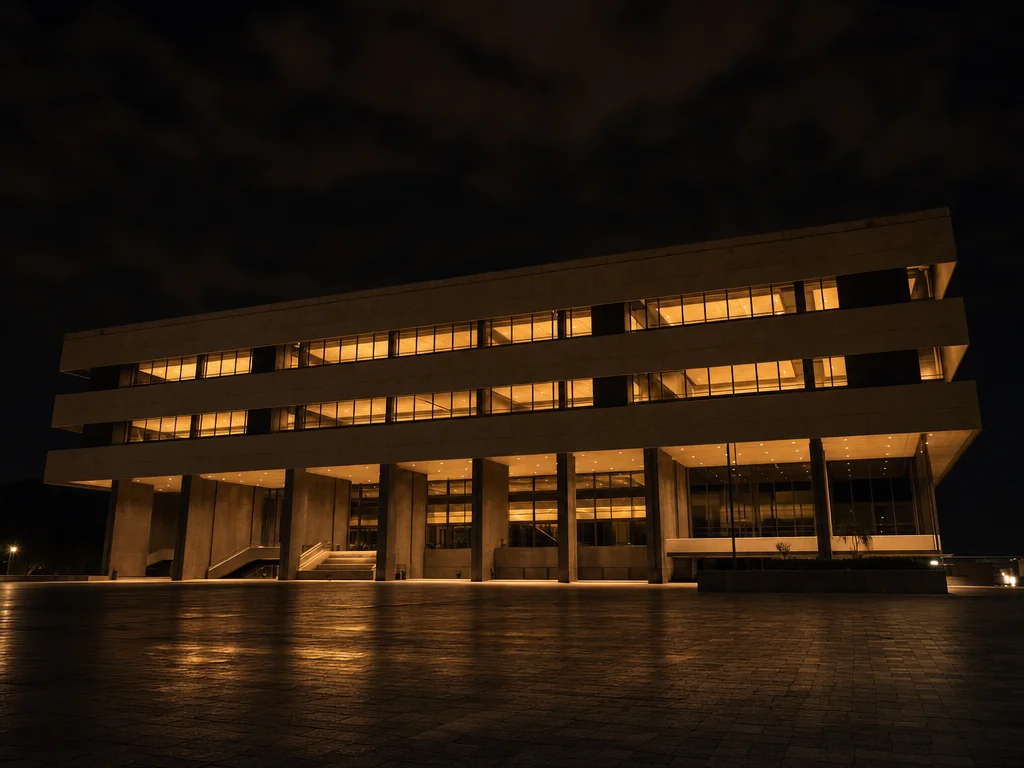 A civic government building lit at dusk